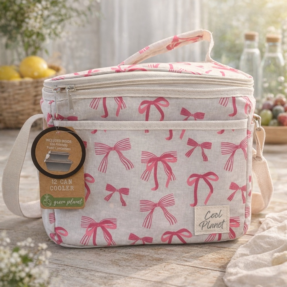 NWT Cool Planet Pink Bow Insulated Lunch Cooler Bag 12 Can Eco Friendly New